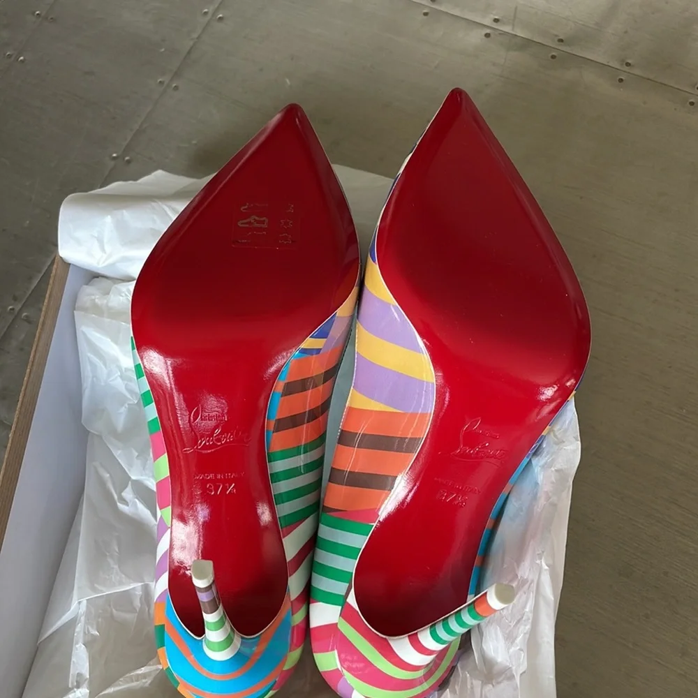 Christian louboutin hot chick 100mm patent striped multi color stiletto sz 37.5